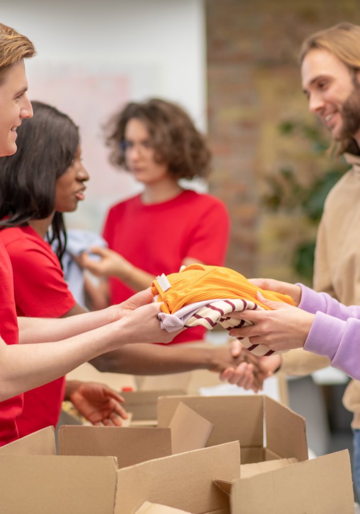 Distribution. Workers of the non profit organization distributing donations